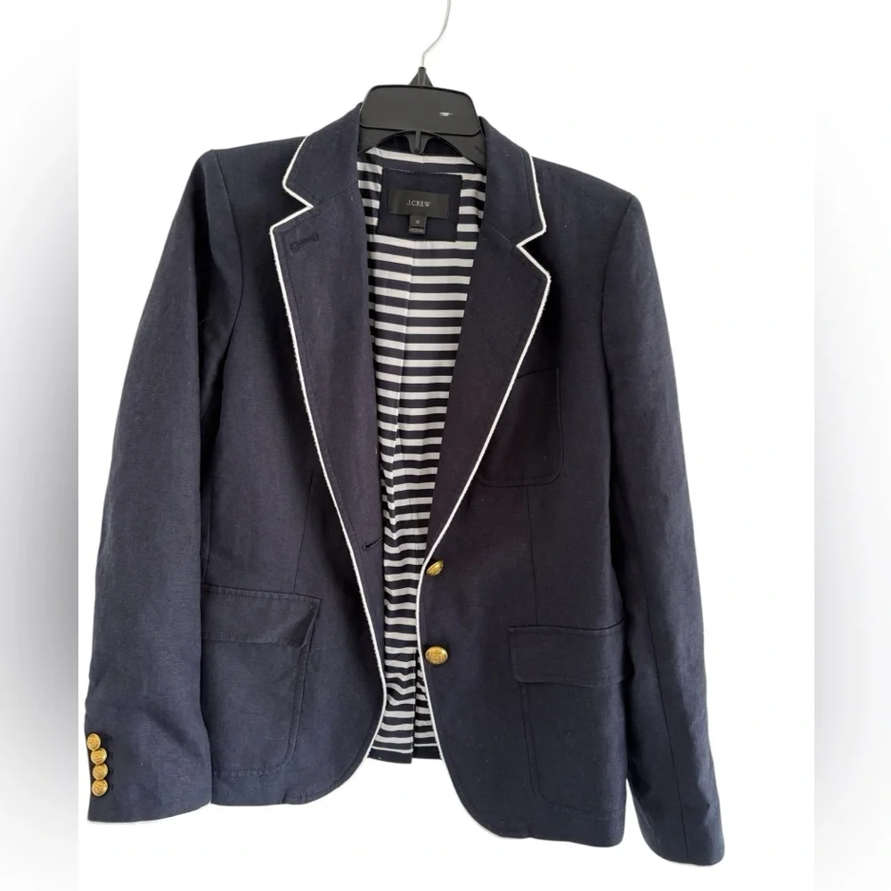 J. Crew Dark Blue linen Blazer with white piping and Gold button Accents - Picture 2 of 9